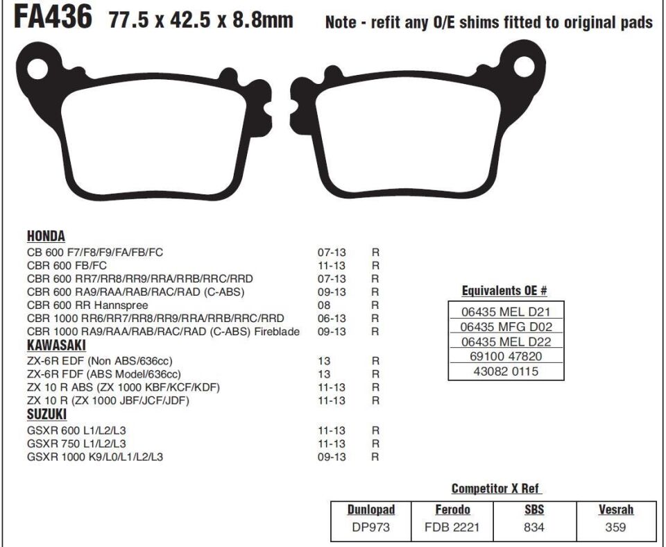 Honda CBR 1000 06-18 EBC ARKA FREN BALATASI