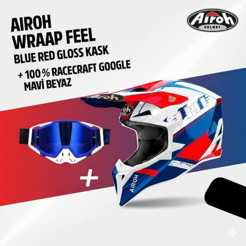 Airoh Wraap Feel Mavi Kırmızı Parlak Motosiklet Kaskı